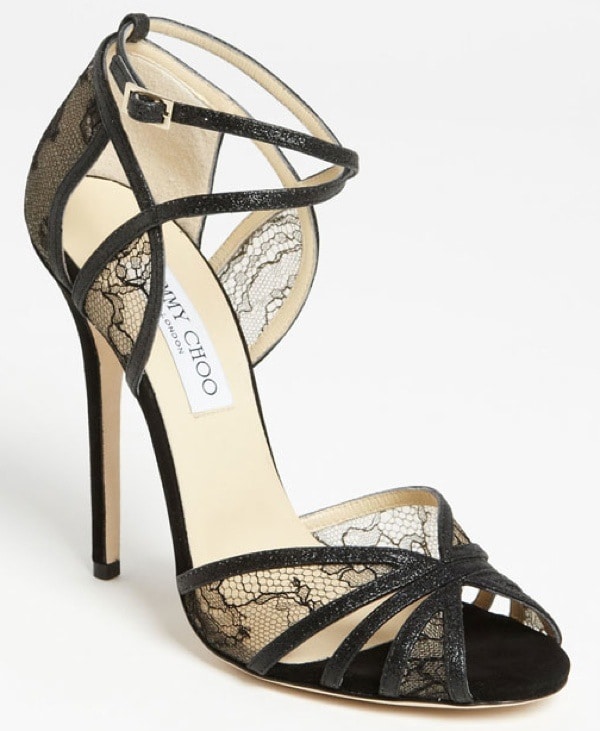 Jimmy Choo 'Fitch' Glitter Lace Sandals in Black