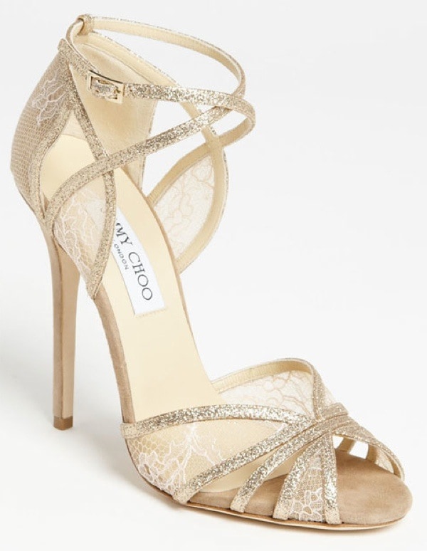 Jimmy Choo 'Fitch' Glitter Lace Sandals in Gold