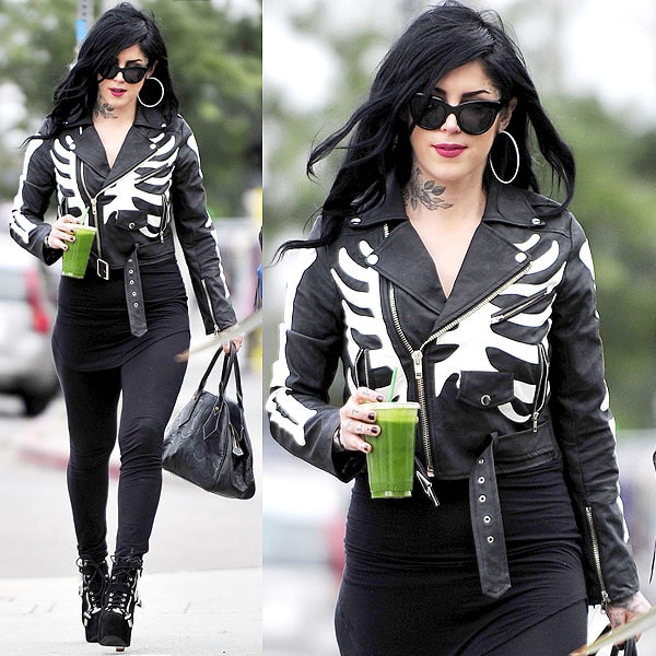 Kat Von D's fashion statement: rocking Jeffrey Campbell boots and a unique skeleton jacket on Melrose Avenue
