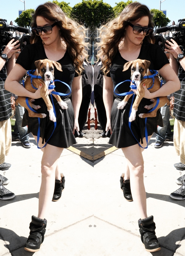 Khloé Alexandra Kardashian carries her new brown-and-white boxer puppy, endearingly named Bernard Hopkins, a gift from her loving husband Lamar Odom