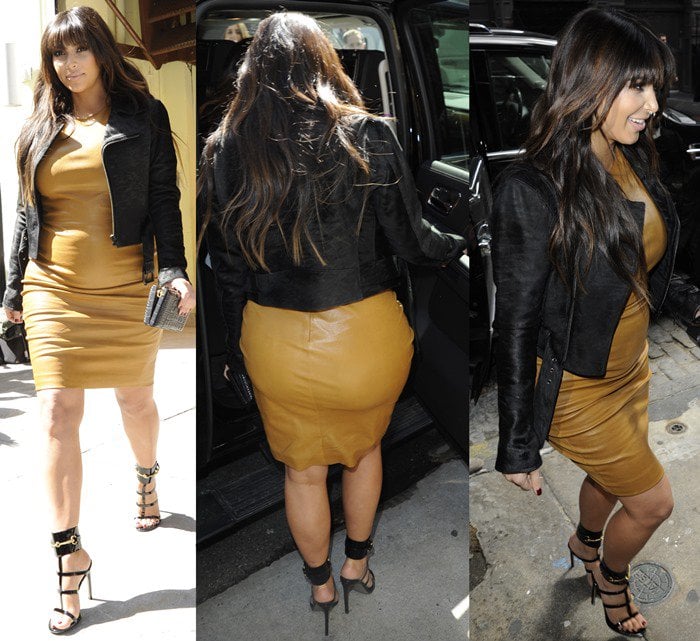 Kim Kardashian pairs The Row’s caramel Dastuls stretch-leather dress with sleek Gucci Ursula ankle-strap sandals and a cropped black jacket for a bold, body-skimming maternity look