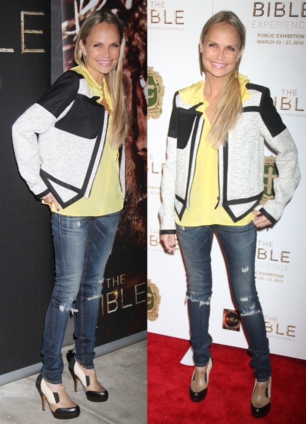 Kristin Chenoweth adds height and edge to her casual-chic look at The Bible Experience Opening Night Gala on March 19, 2013, pairing distressed skinny jeans and a yellow blouse with sky-high nude-and-black platform pumps
