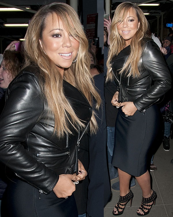 Mariah Carey stuns in a sleek black leather jacket paired with a knee-length fitted dress and Alaia cutout sandals