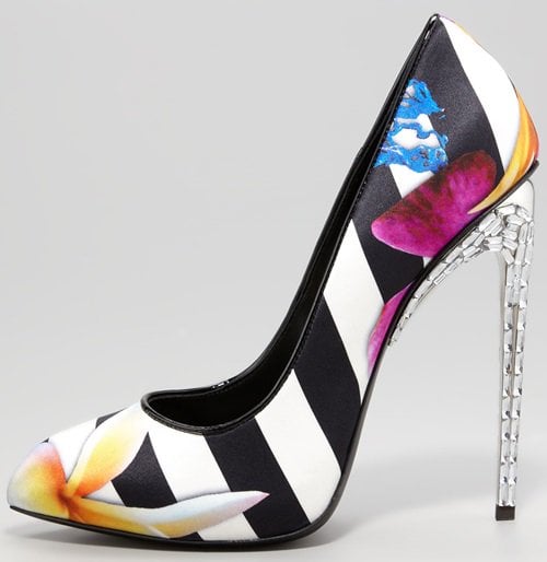 Giuseppe Zanotti Crystal Heel Pumps in Satin Stripe Floral