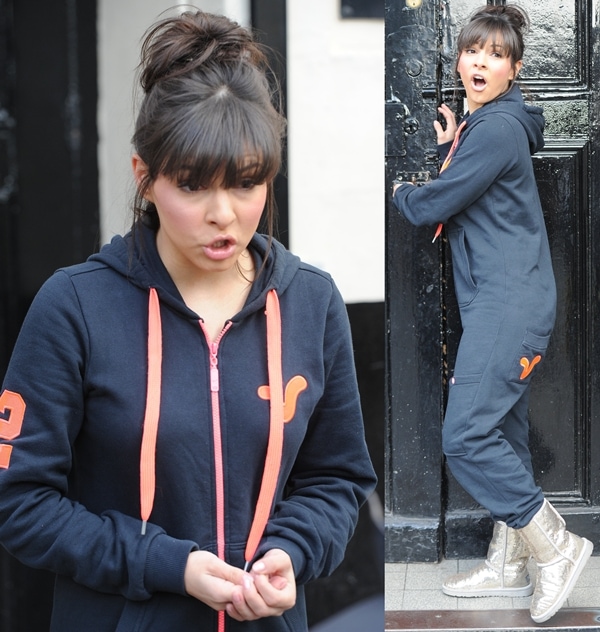 For a cozy yet statement-making look, pair a sporty navy onesie with metallic sequined boots to add a touch of glam to casual comfort