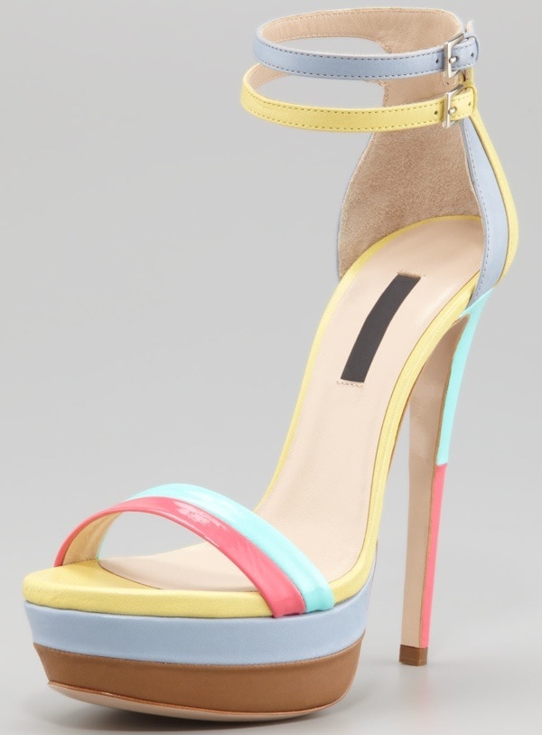 The colorblock Ruthie Davis ‘West Palm’ platform sandal pairs candy-bright pastels with a towering stiletto heel and double ankle straps for a playful, high-impact finish
