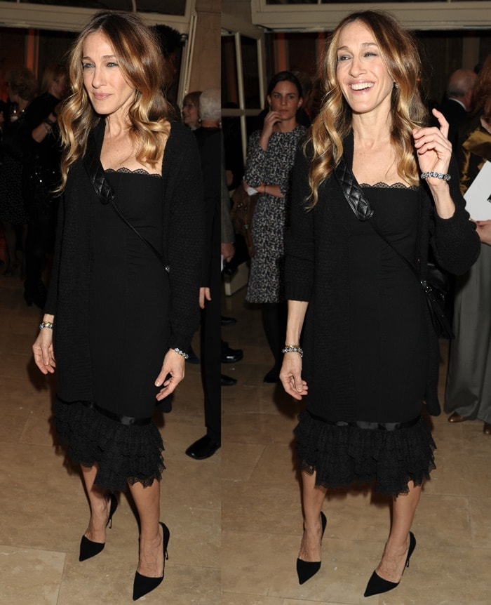 Sarah Jessica Parker stuns in a sophisticated black lace dress paired with pointed-toe d'Orsay pumps and elegant jewelry
