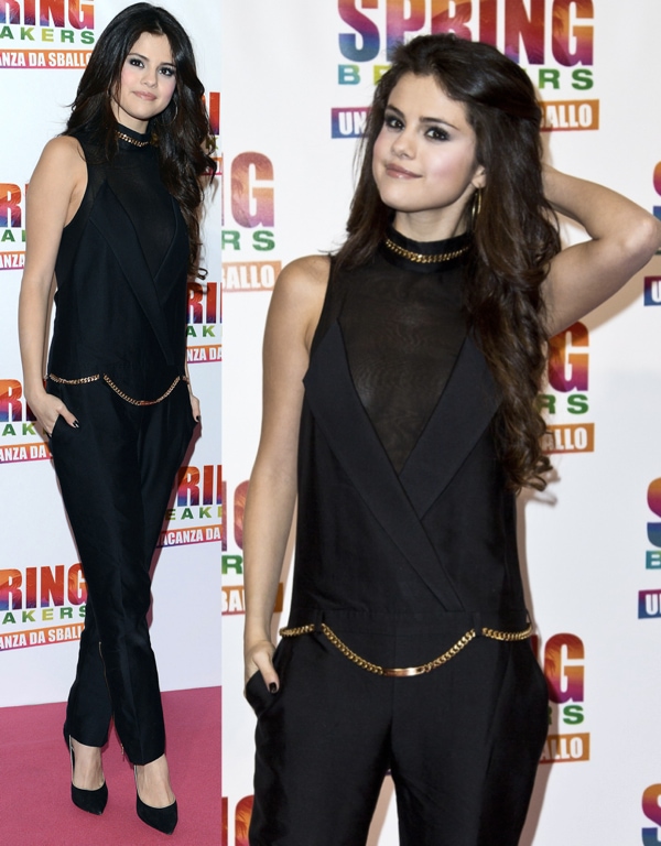 Selena Gomez styled her black Casadei “Blade” pumps with a sheer embroidered Thomas Wylde bodysuit-inspired dress and Melinda Maria “Glitter Hoop” earrings at the Rome premiere of Spring Breakers on February 22, 2013