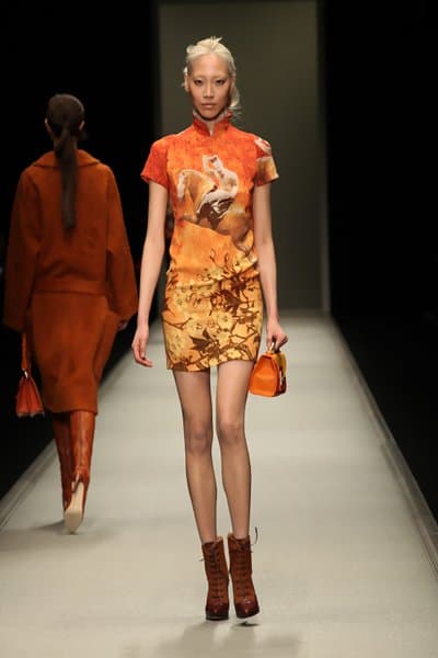 Orange Cheongsam with Horse and Cherry Blossom Prints