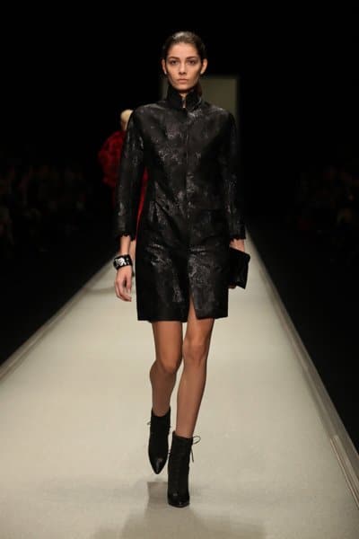 Black Silk Dress with Tall Mandarin Collar