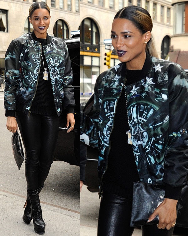 Ciara grounded her edgy Givenchy menswear bomber and leather leggings with sleek black lace-up ankle boots as she arrived at Music Choice’s SWRV TV Network in New York City on March 21, 2013