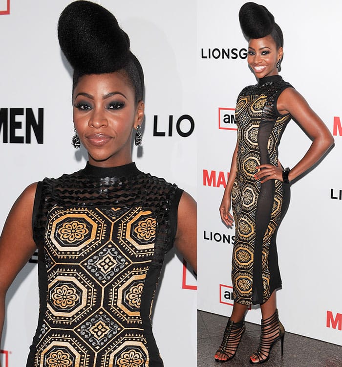 Teyonah Parris wears an intricate gold-patterned black dress paired with strappy London Trash "Perdita" cage sandals at the Mad Men Season 6 premiere