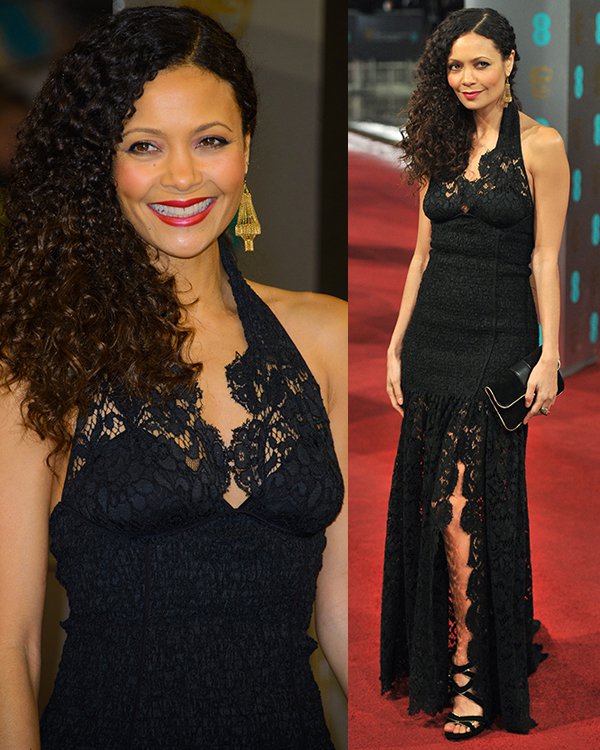 Thandiwe Newton wears a black lace gown to the 2013 EE British Academy Film Awards