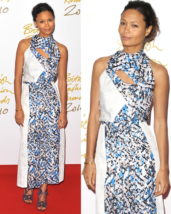 Thandiwe Newton wears a blue-and-white dress to the British Fashion Awards