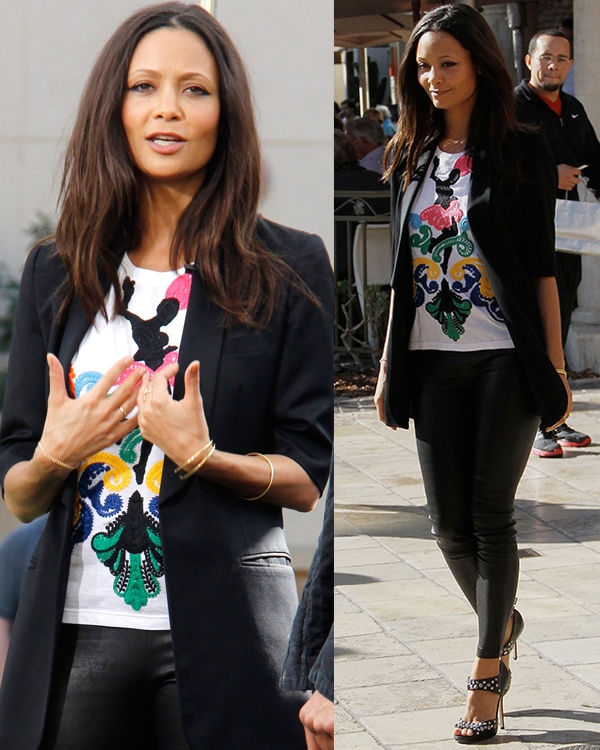 Thandiwe Newton goes for a colorful business casual ensemble as she arrives at The Grove for an appearance on "Extra"