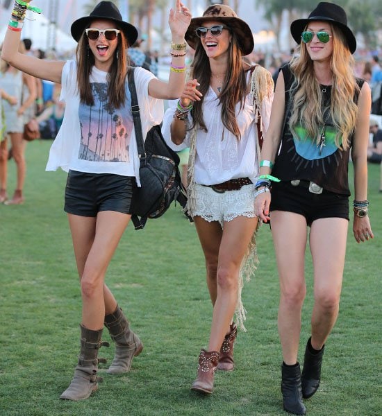 On April 12, 2013, Alessandra Ambrosio epitomized bohemian elegance at Coachella, pairing Isabel Marant Caleen studded boots with a Giuseppe Zanotti burnt brown suede shoulder bag