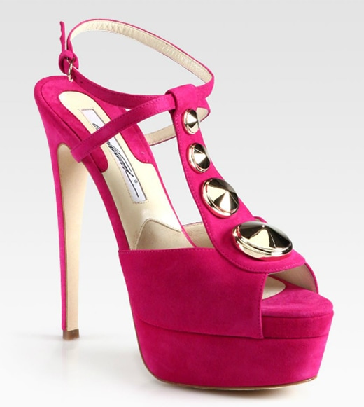 Brian Atwood Clizia Suede Leather T-Strap Platform Sandals in Fuchsia