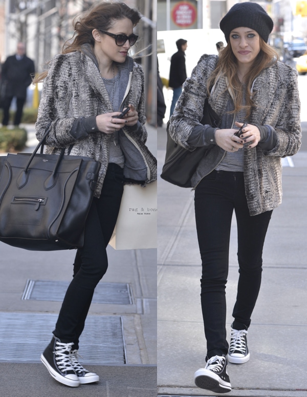 Carly Chaikin embraced early-2010s downtown layering in Soho with Converse Chuck Taylors, black skinnies, and an oversized leather tote