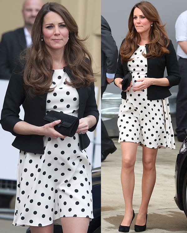 Kate Middleton in Topshop Polka-Dot Dress and Black Blazer At the Warner Bros. Leavesden Studio in London on April 26, 2013, Duchess Catherine exudes elegance in a Topshop polka dot skater dress complemented by a Ralph Lauren Black Label blazer, Episode Angel pumps, and her iconic Garrard 12k Ceylon sapphire engagement ring from the Royal Collection