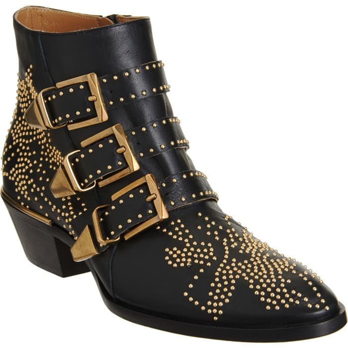 Chloé "Susan" Studded Ankle Boots in Black featuring the design's signature triple-buckle straps, gold-tone studs, and low stacked heel—details that helped make the Susan (later known as the Susanna) one of the most influential designer boot silhouettes of the early 2010s