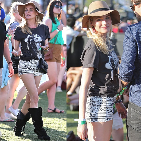 On April 13, 2013, Diane Kruger brought boho-glam to the HM Loves Music Coachella Kickoff Event, pairing HM tribal printed shorts with suede over-the-knee boots and elevating the look with a Chanel alligator classic flap bag