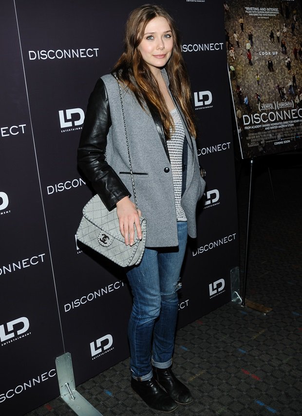 Elizabeth Olsen kept it effortlessly chic in cuffed jeans, ankle boots, a two-tone coat with leather sleeves, and a quilted Chanel bag at the New York screening of Disconnect