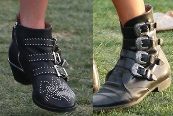 A side-by-side look at Nicky Hilton's studded Chloé Susanna boots and Kate Bosworth's streamlined buckle boots illustrates how the multi-buckle ankle boot became a defining Coachella footwear trend, balancing practical comfort with the bohemian-rock aesthetic that dominated festival fashion in the early 2010s