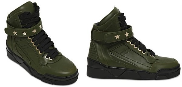 Future’s Givenchy star-studded leather high-top sneakers deliver a tougher, military-inspired take on Riccardo Tisci’s luxury streetwear vision, defined by a dark leather upper, chunky sole, and signature Velcro ankle strap