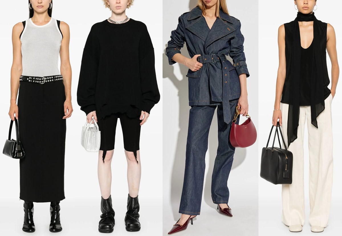 Helmut Lang ensembles illustrate the brand’s signature balance of sharp minimalism and urban sophistication, from sleek monochrome layers to tailored denim and fluid silhouettes