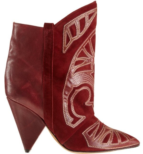 The rich red version highlights the same curved stitching and angular silhouette, with a pointed toe and angled heel that elongate the leg while letting the decorative detailing take center stage