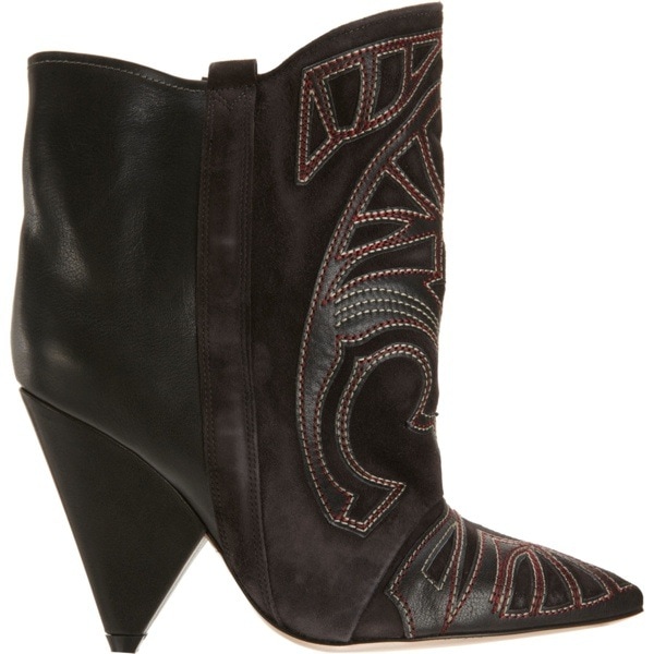 Dark brown Isabel Marant ankle boots feature tonal leather panels contrasted with intricate Western-inspired embroidery, finished with a sharply pointed toe and sculptural cone heel that adds height without bulk