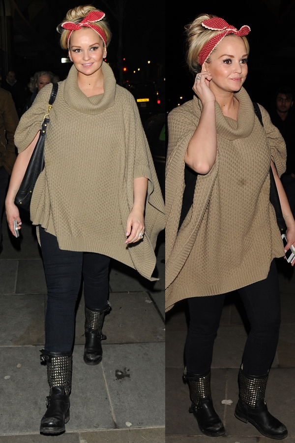 Jennifer Ellison steps out after performing in Singin’ in the Rain at London’s Palace Theatre on March 19, 2013, pairing a cozy oversized knit and black leggings with edgy studded rain boots for a practical yet polished post-show look