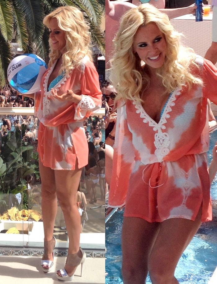 Jenny McCarthy elevated her coral-and-white poolside tunic with silver-and-clear Christian Louboutin “Dufoura” PVC heels, adding a touch of red-soled glamour to her Encore Beach Club appearance in Las Vegas