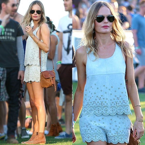 Kate Bosworth nailed effortless Coachella chic on April 12, 2013, pairing her scalloped Topshop ensemble with Kowboy Heavy Western shoes and iconic Ray-Ban Aviator sunglasses