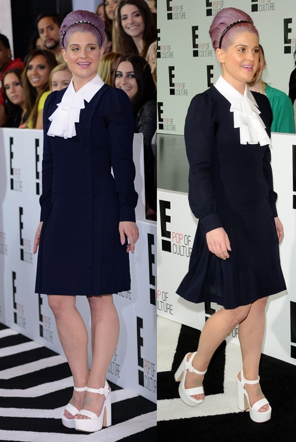 Kelly Osbourne channels retro ’60s charm in a navy button-front dress with a white ruffled collar