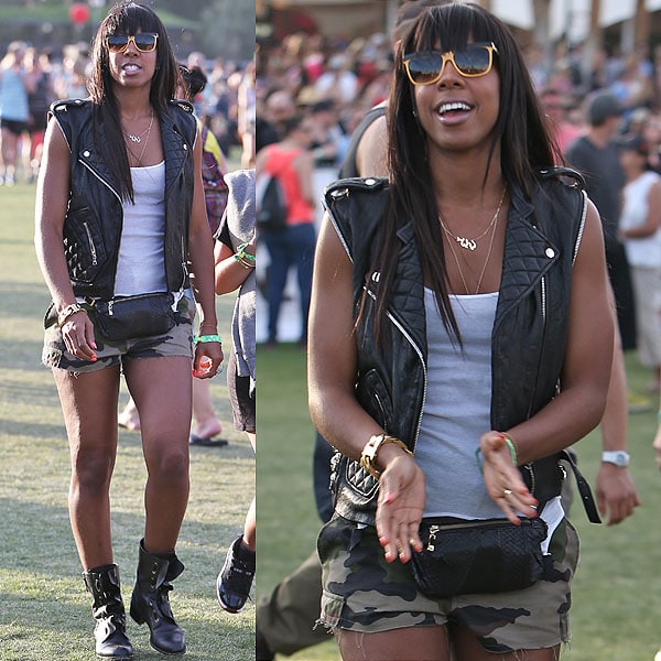 Kelly Rowland brought edgy vibes to Coachella, rocking a leather biker vest, camo shorts, combat boots, and a casual tank for a standout festival look