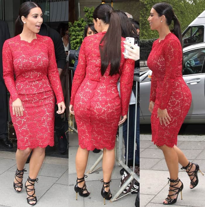 At the True Reflections launch in London on May 18, 2012, Kim Kardashian dazzled in a Valentino bow detail lace sheath dress, complemented by Tiffany Co. diamond stud earrings and chic Tom Ford Spring 2012 sandals