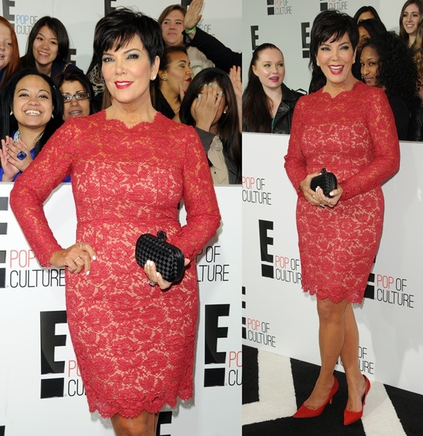 Kris Jenner turns heads in a red lace Valentino dress paired with a black woven Bottega Veneta clutch