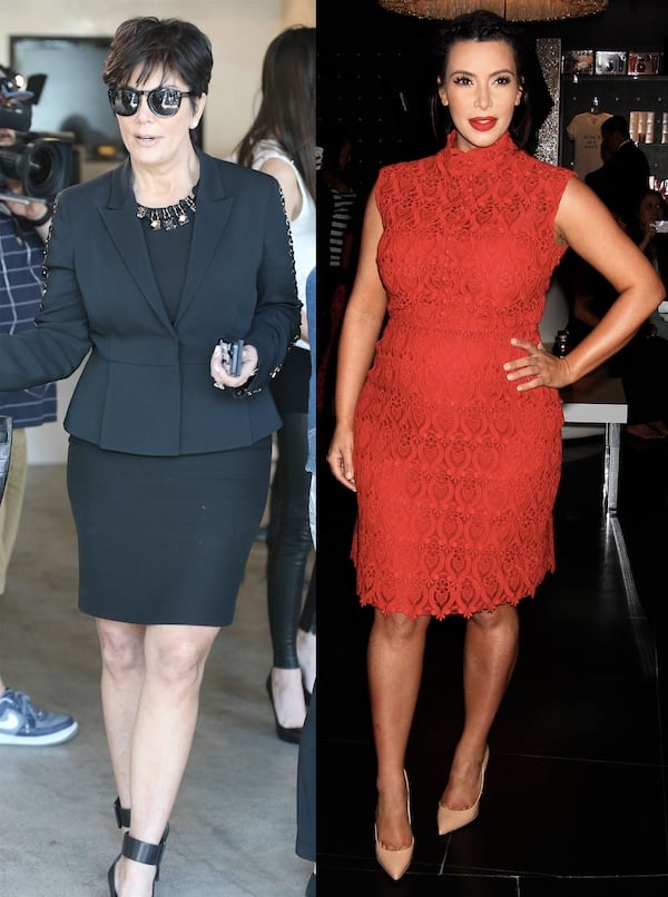 Kris Jenner pairs black YSL ankle-cuff pumps with a tailored black suit, while Kim Kardashian complements her red Valentino lace dress with nude YSL patent leather heels