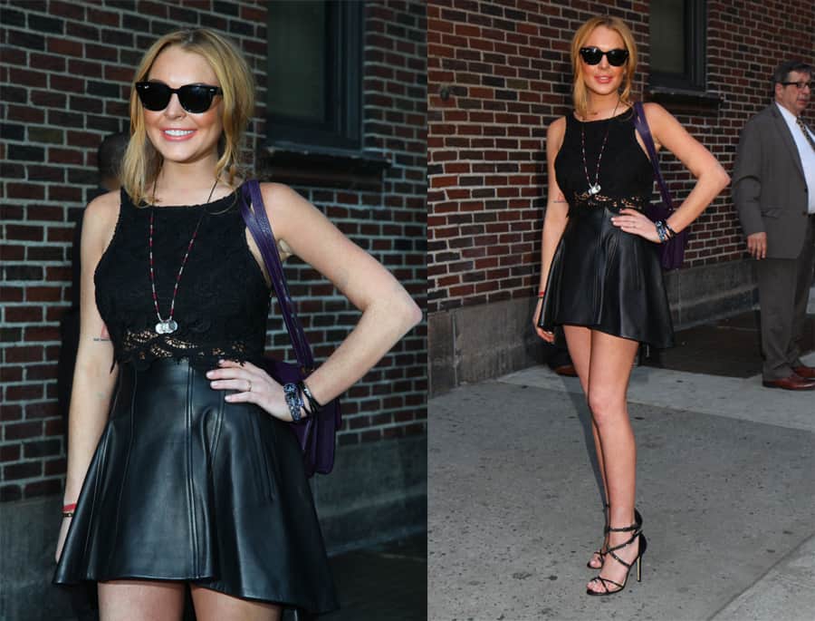 Lindsay Lohan appeared on "The Late Show with David Letterman" on April 9, 2013, accessorized with Ray-Ban RB4168 Meteor sunglasses, a Hermès Constance bag, and a Cartier Love bracelet with diamonds