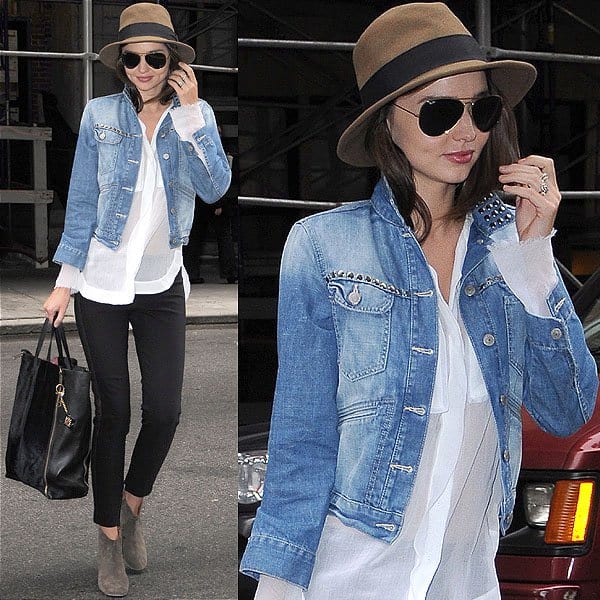 For running errands, Miranda Kerr opted for a casual chic ensemble featuring an Isabel Marant studded denim jacket, Stella McCartney side-panel trousers, Isabel Marant ankle boots, a Willow pocket blouse, a Celine tote, Ray-Ban aviators, a Rag  Bone fedora, and a Louis Vuitton bag charm