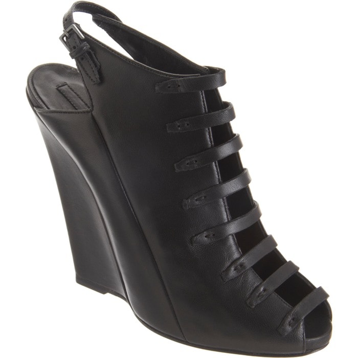 Narciso Rodriguez Banded Slingback Wedges in black nappa leather with slim strap detailing and a sculpted high wedge heel, originally retailing for $1,095