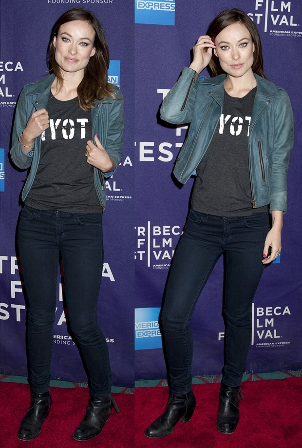 At "The Rider and the Storm" screening on April 22, 2013, Olivia Wilde exuded casual chic in black Acne Short Pistol boots and a petrol blue M.i.h leather biker jacket