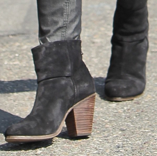 Rag Bone Newbury Booties Sophia Bush steps out in classic black suede Rag Bone “Newbury” ankle boots, featuring stacked wooden heels and a sleek, city-ready silhouette