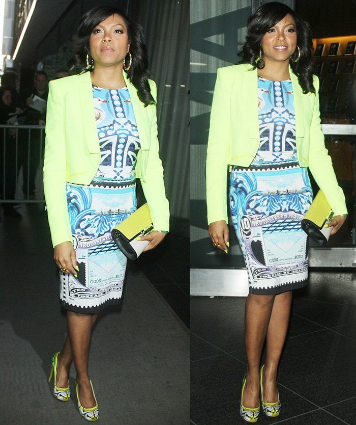 At a New York screening, Taraji P. Henson pairs a vibrant Mary Katrantzou printed dress with a cropped neon blazer and statement Nicholas Kirkwood pumps