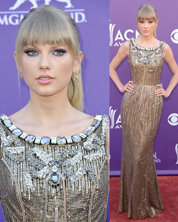 Taylor Swift shines in a glittering Dolce  Gabbana gown at the 48th Annual ACM Awards on April 7, 2013, showcasing her timeless elegance