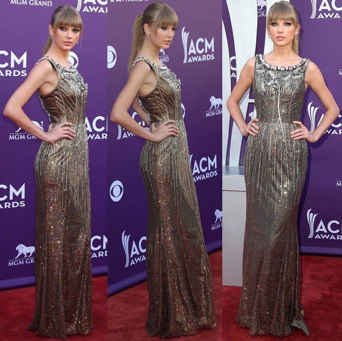 Taylor Swift made a memorable appearance at the 2013 ACM Awards in Las Vegas, choosing a striking Dolce  Gabbana Fall 2007 gown that accentuated her figure with its form-fitting silhouette