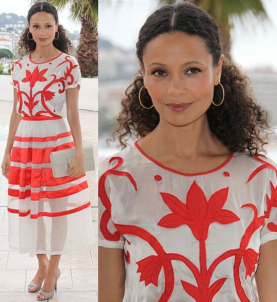 Thandiwe Newton donning a chic ensemble from the Temperley London Spring 2013 collection at the Rogue photo call