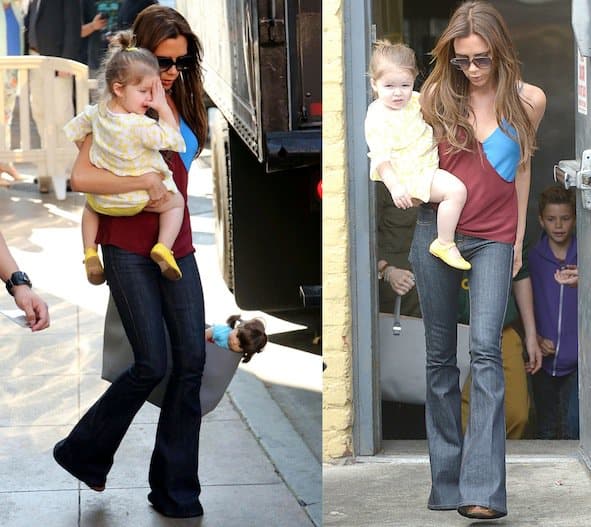 Victoria Beckham styled herself in raw denim flare jeans from her own line and a ginger two-tone camisole by Jonathan Saunders for an outing at Jack  Jill's Restaurant on April 4, 2013