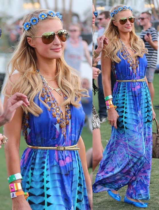 Paris Hilton wearing flats with her boho dresses at the Coachella Music Festival, April 12–14, 2013 Paris Hilton wearing flats with her boho dresses at the Coachella Music Festival, April 12–14, 2013